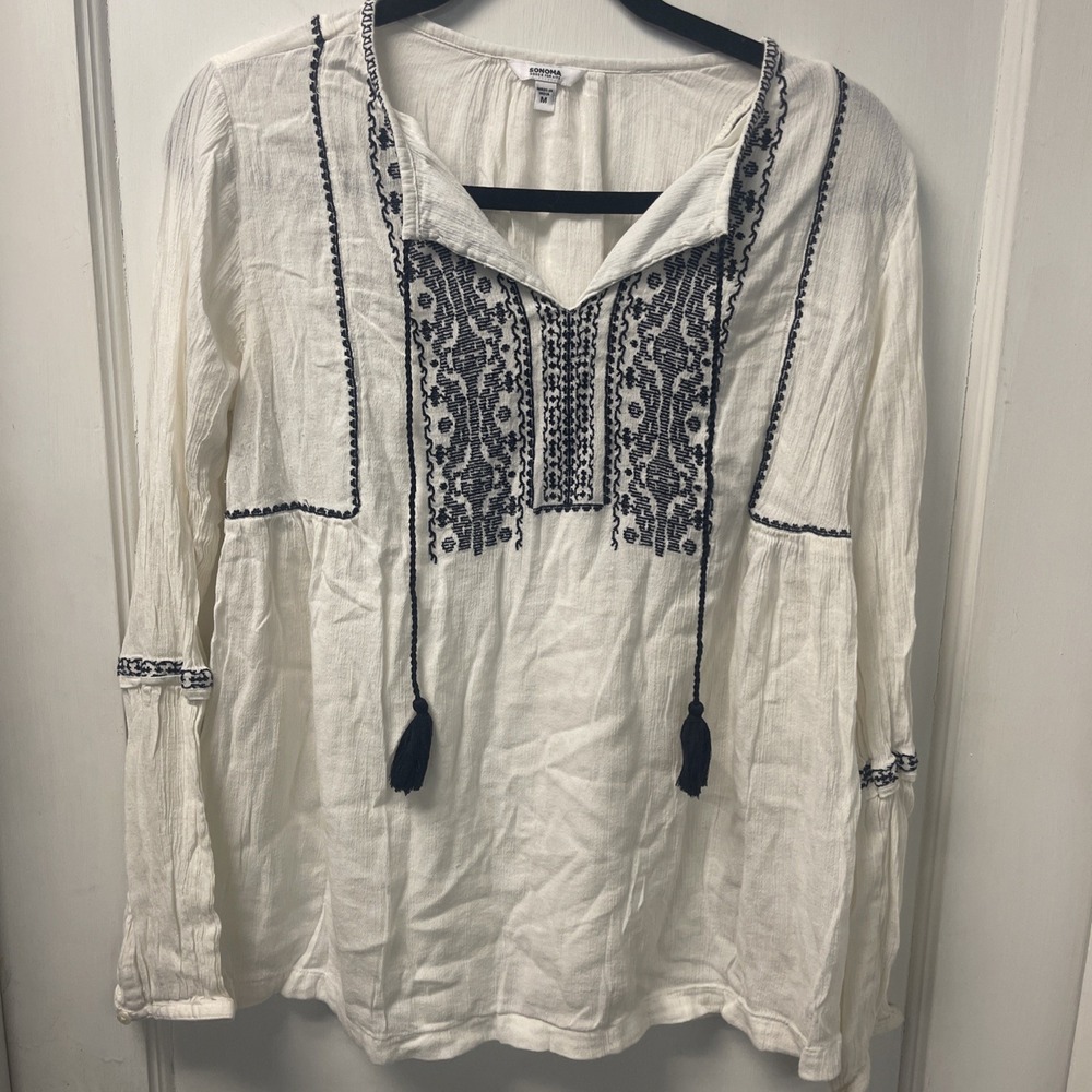 Sonoma WhiteBoho Peasant Blouse Tie Neck Top Women's M